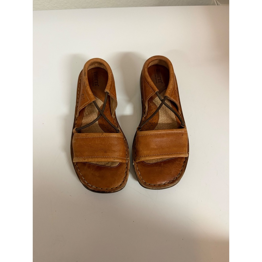 Born Handcrafted Leather Sandals Womens 6.5 Tan Brown Slip On Elastic